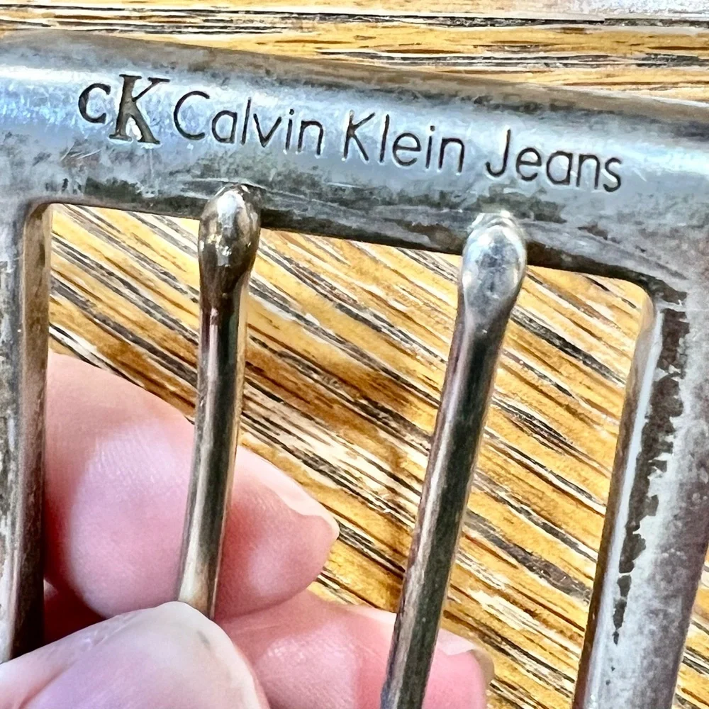 VINTAGE‎ Calvin Klein black genuine leather belt silver signature double buckle